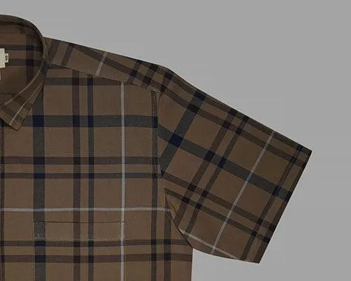 Men's 100% Cotton Plaid Checkered Half Sleeves Shirt (Brown)