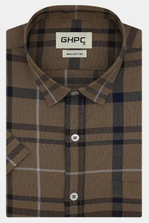 Men's 100% Cotton Plaid Checkered Half Sleeves Shirt (Brown)