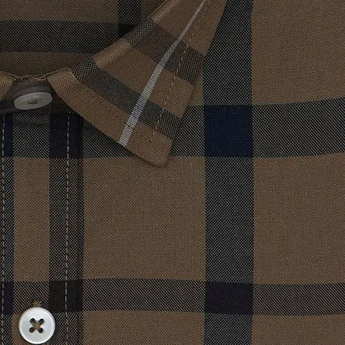 Men's 100% Cotton Plaid Checkered Half Sleeves Shirt (Brown)