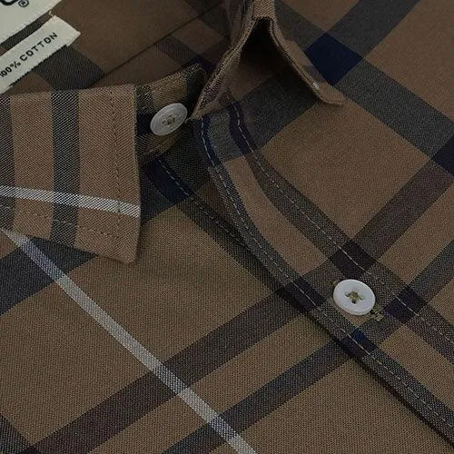 Men's 100% Cotton Plaid Checkered Half Sleeves Shirt (Brown)