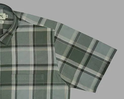 Men's 100% Cotton Windowpane Checkered Half Sleeves Shirt (Grey)