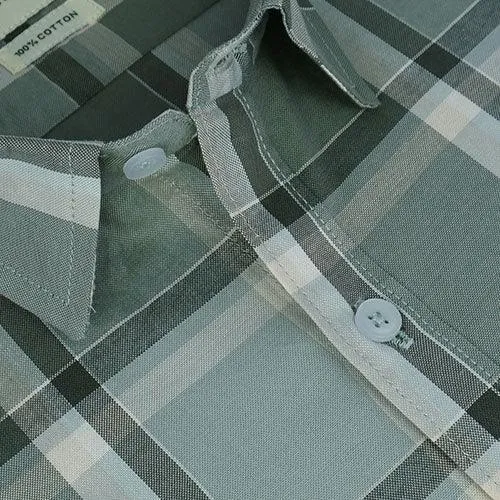 Men's 100% Cotton Windowpane Checkered Half Sleeves Shirt (Grey)
