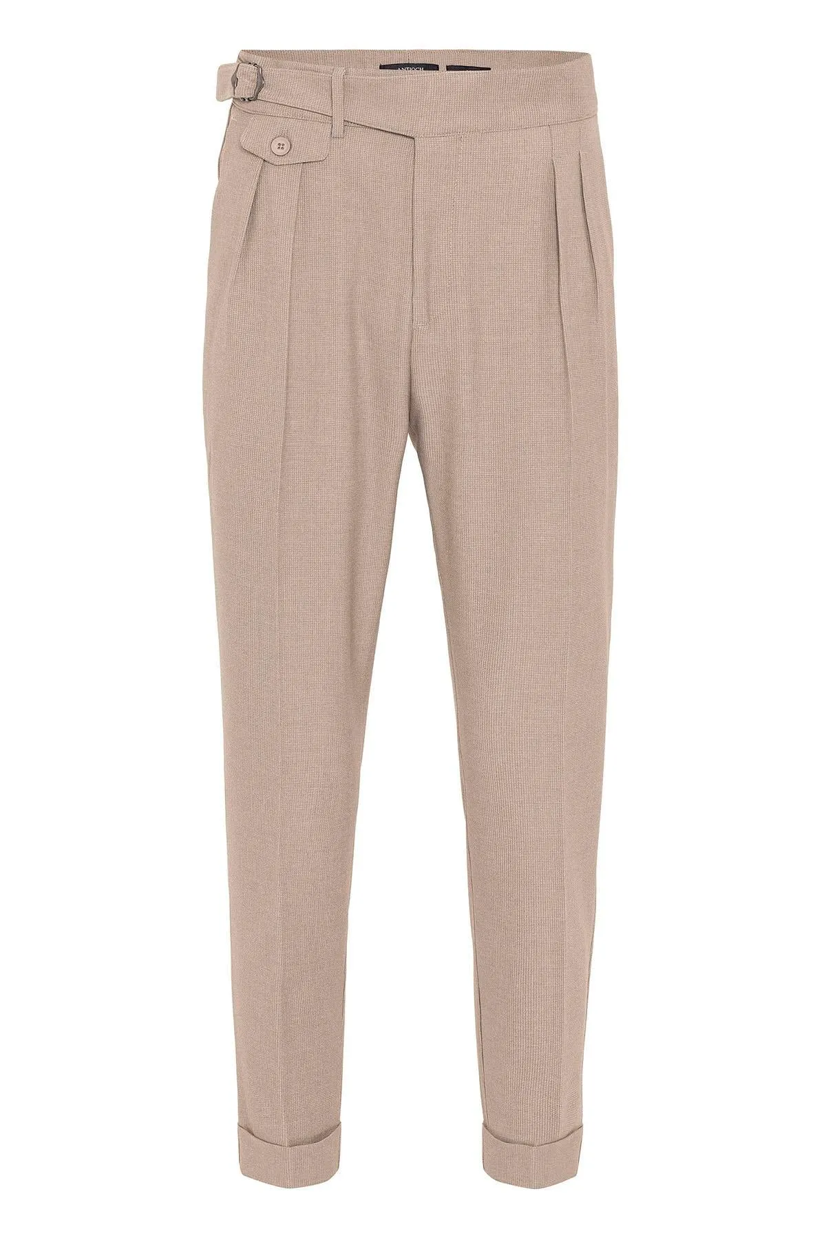 Men's Beige High Waist (Boyfriend) Pleated Fabric Trousers With Buckle Belt - Wessi