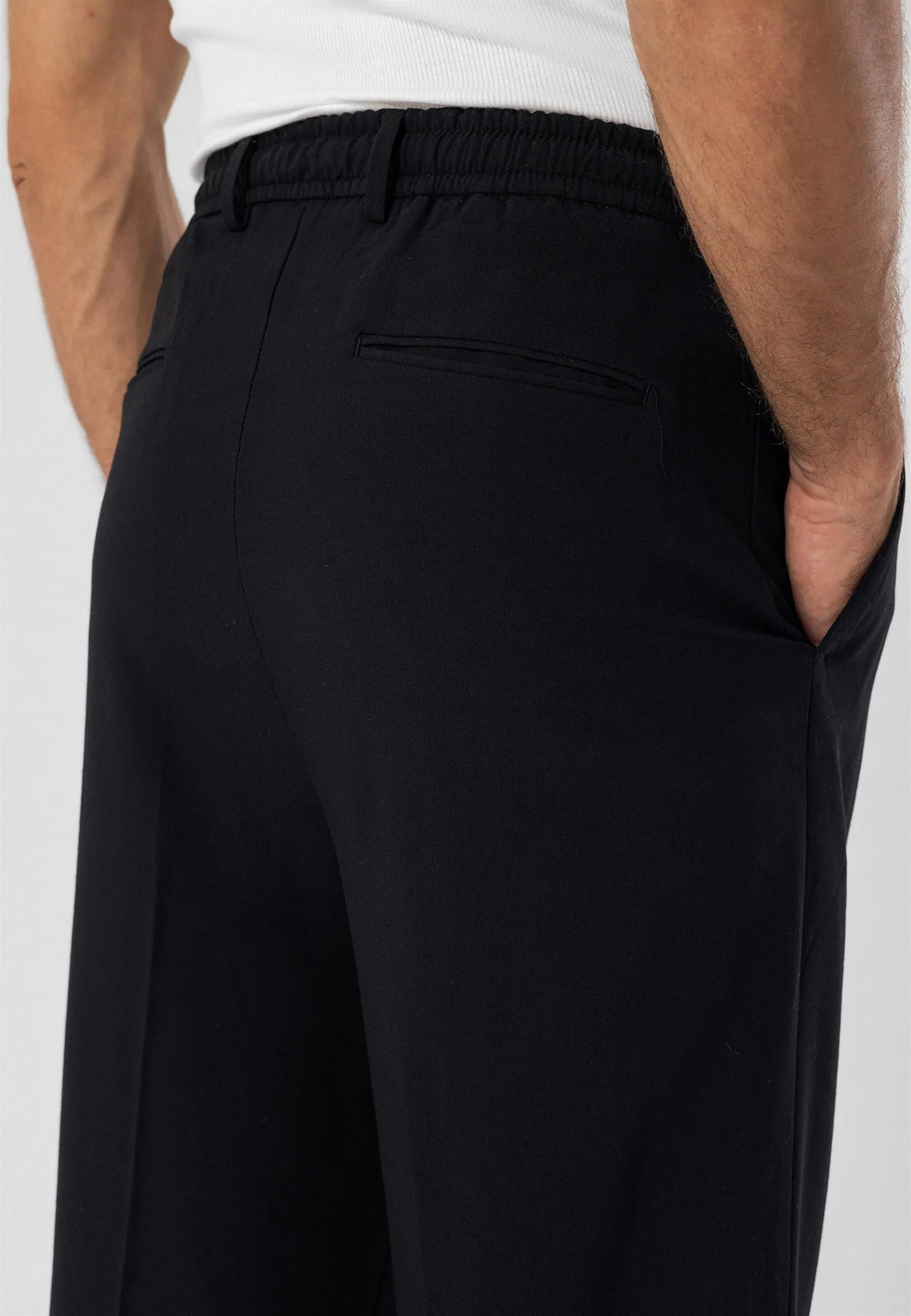 Men's Black Elastic Waist High Waist Pleated  Trousers - Wessi