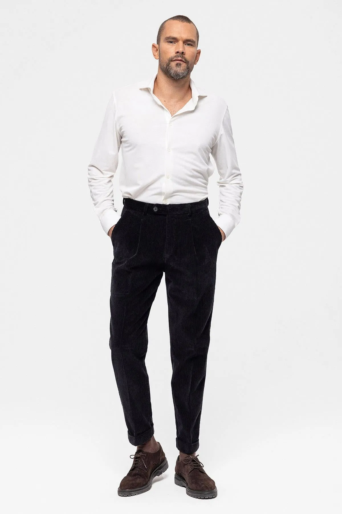 Men's Black High Waist Pleated Velvet  Trousers - Wessi