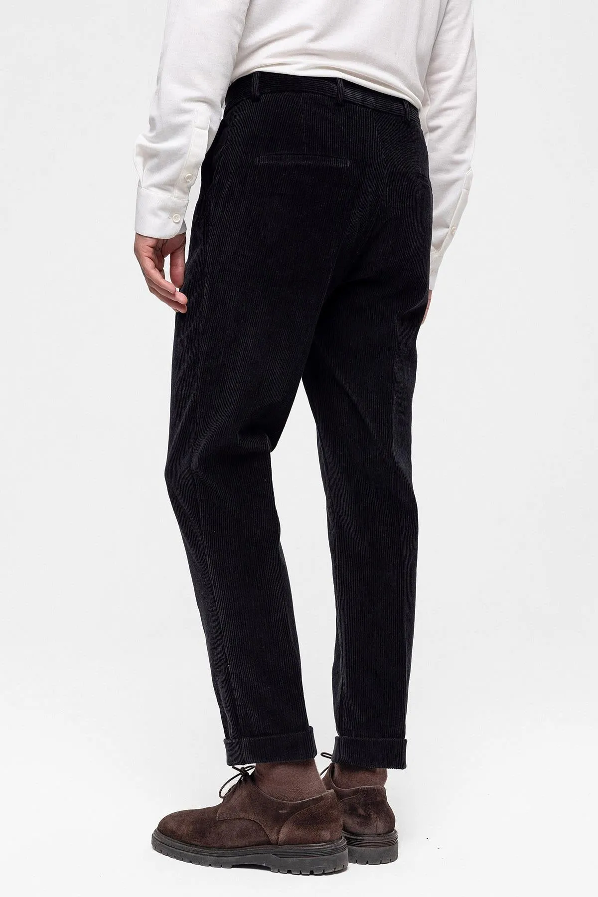Men's Black High Waist Pleated Velvet  Trousers - Wessi