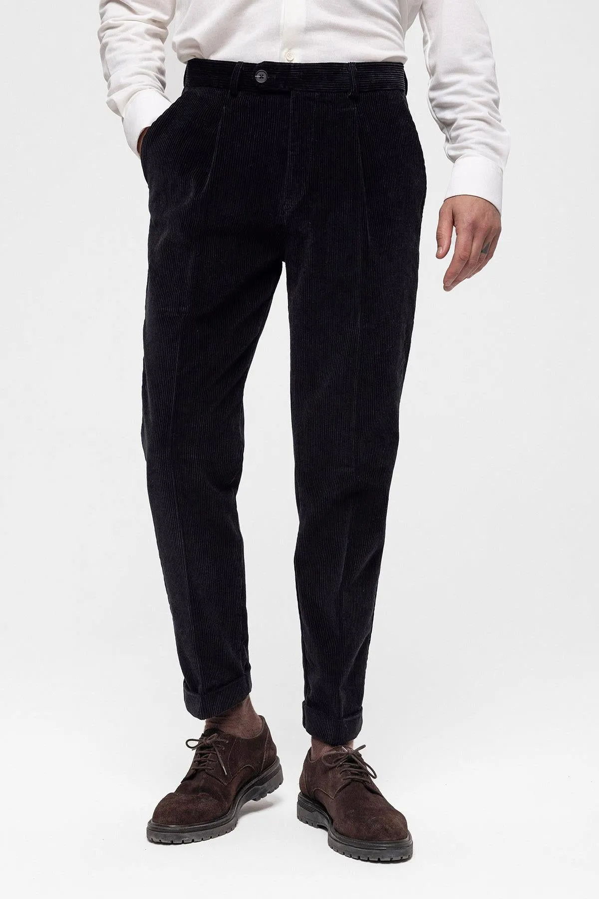 Men's Black High Waist Pleated Velvet  Trousers - Wessi