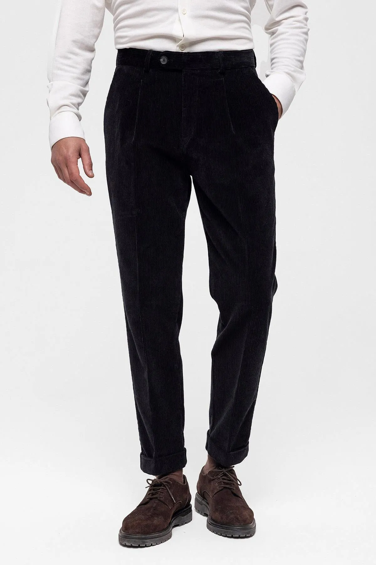 Men's Black High Waist Pleated Velvet  Trousers - Wessi