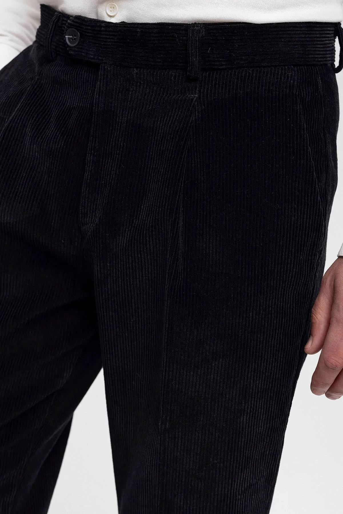 Men's Black High Waist Pleated Velvet  Trousers - Wessi