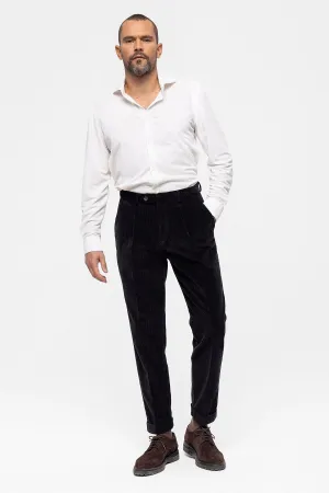 Men's Black High Waist Pleated Velvet  Trousers - Wessi