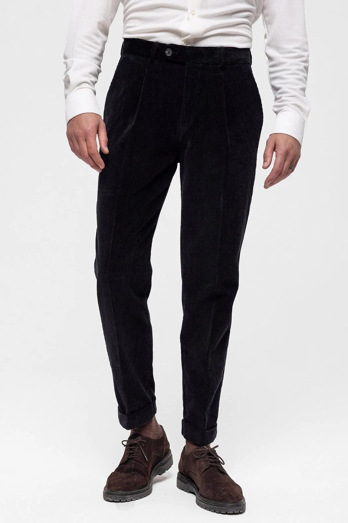 Men's Black High Waist Pleated Velvet  Trousers - Wessi