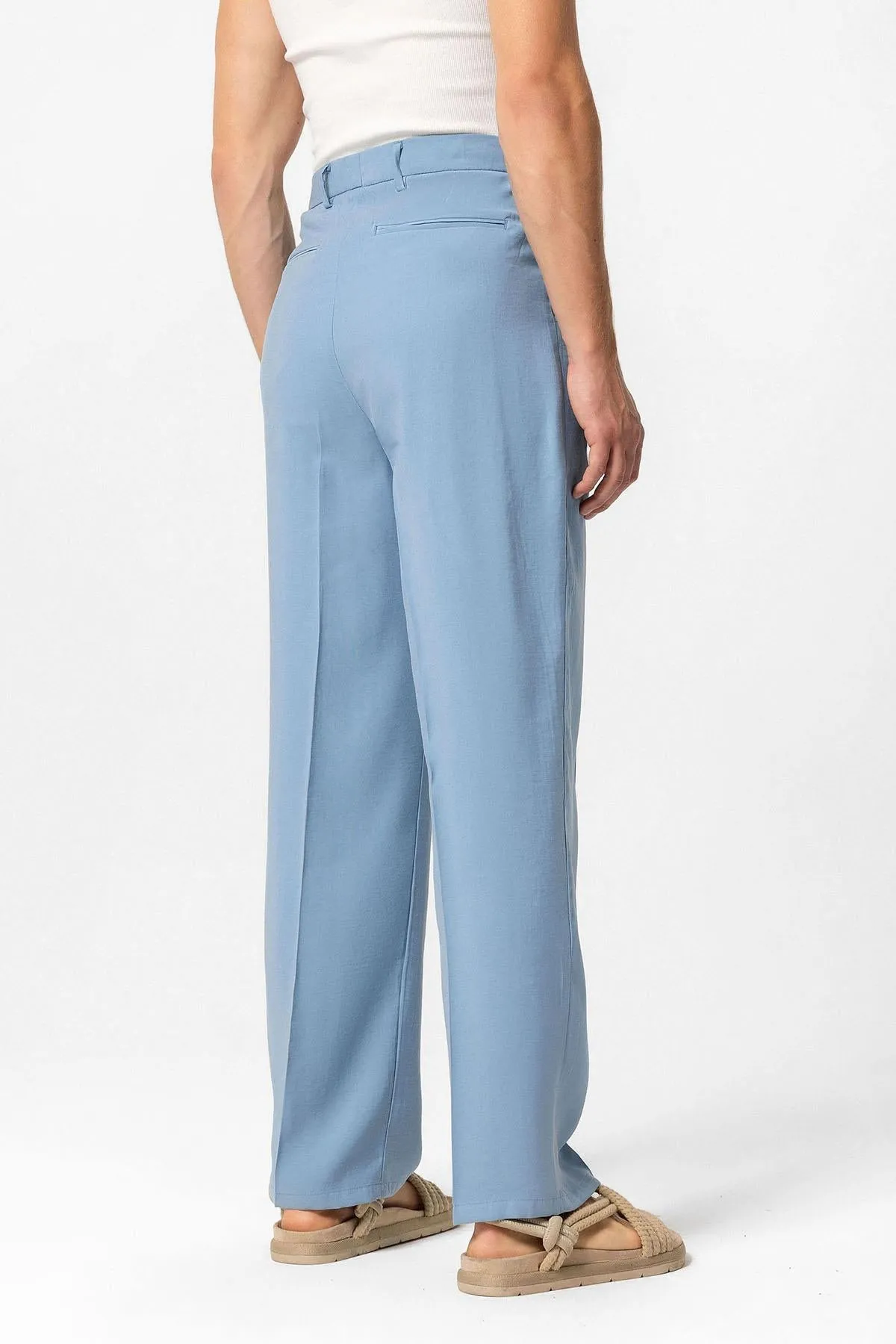 Men's Blue High-Waist Pleated Baggy Pants - Wessi