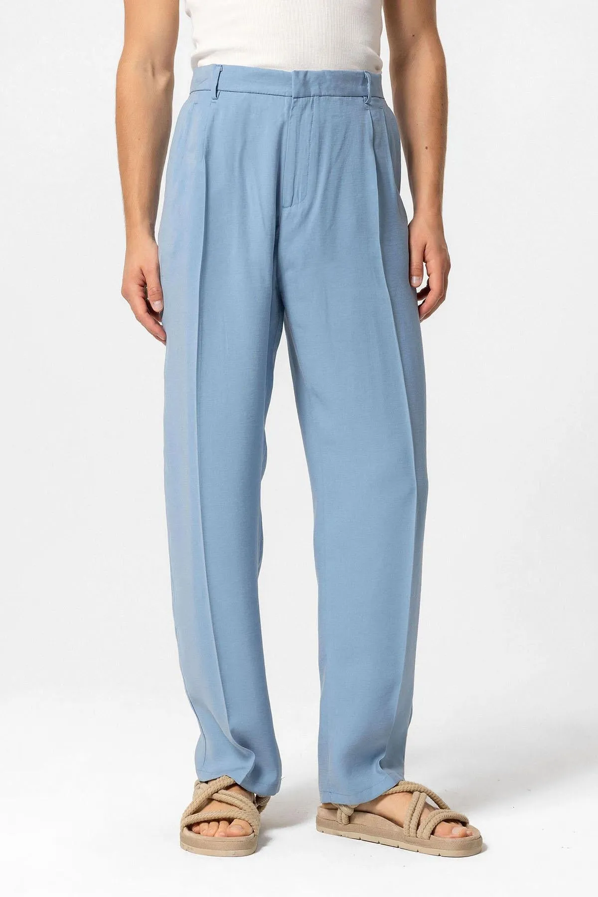 Men's Blue High-Waist Pleated Baggy Pants - Wessi