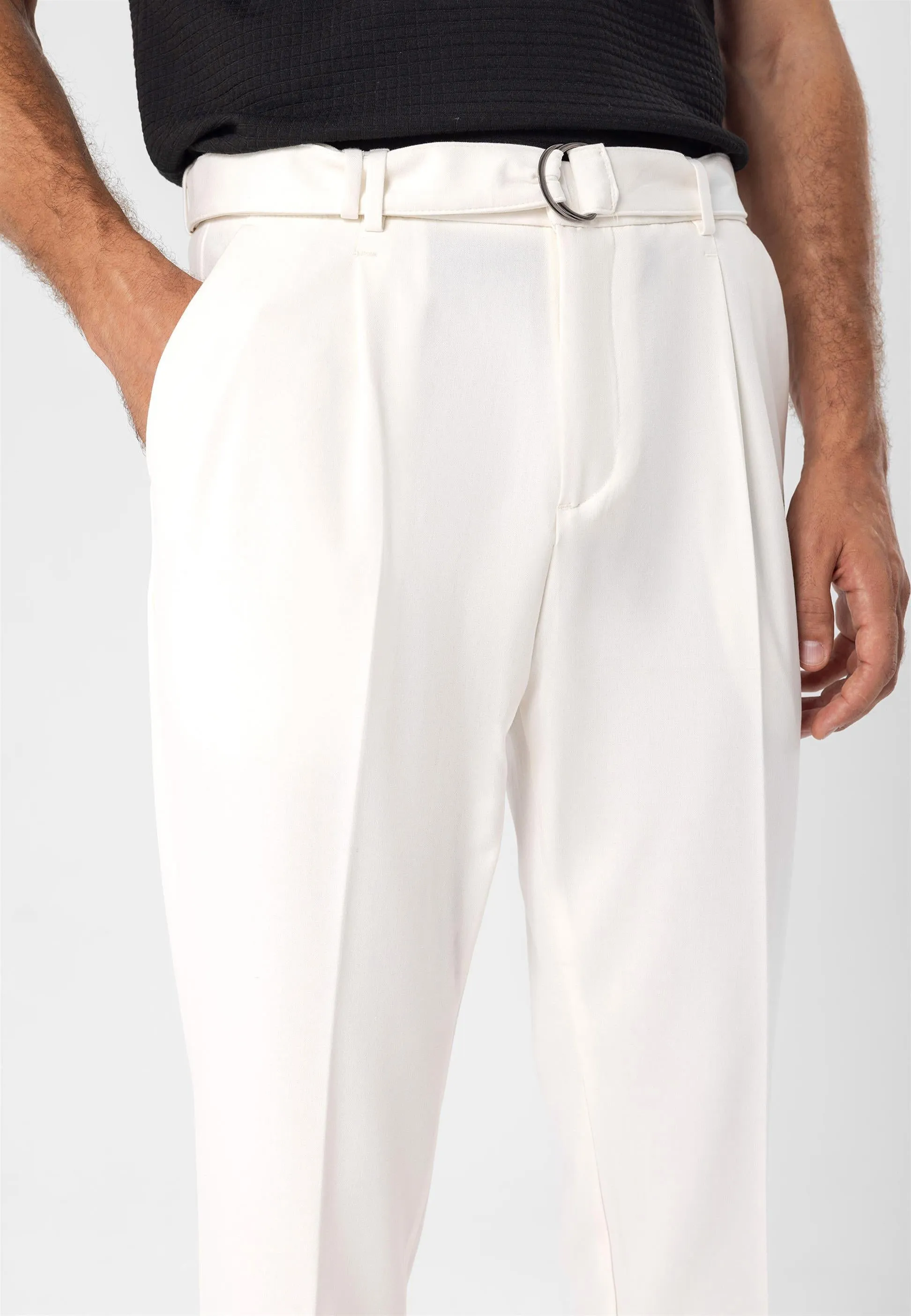 Men's Ecru High Waist Girdle Closure  Trousers - Wessi