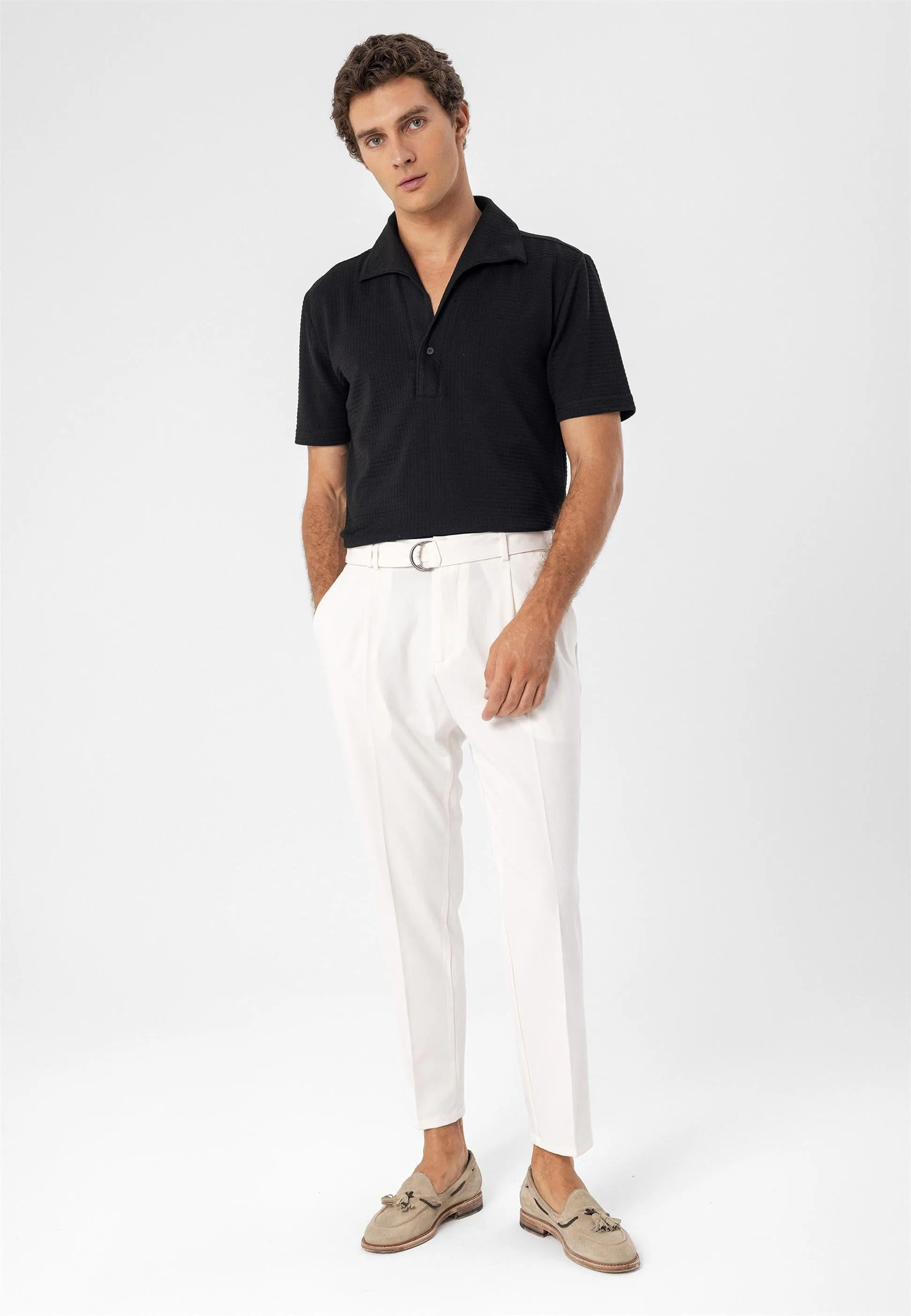 Men's Ecru High Waist Girdle Closure  Trousers - Wessi