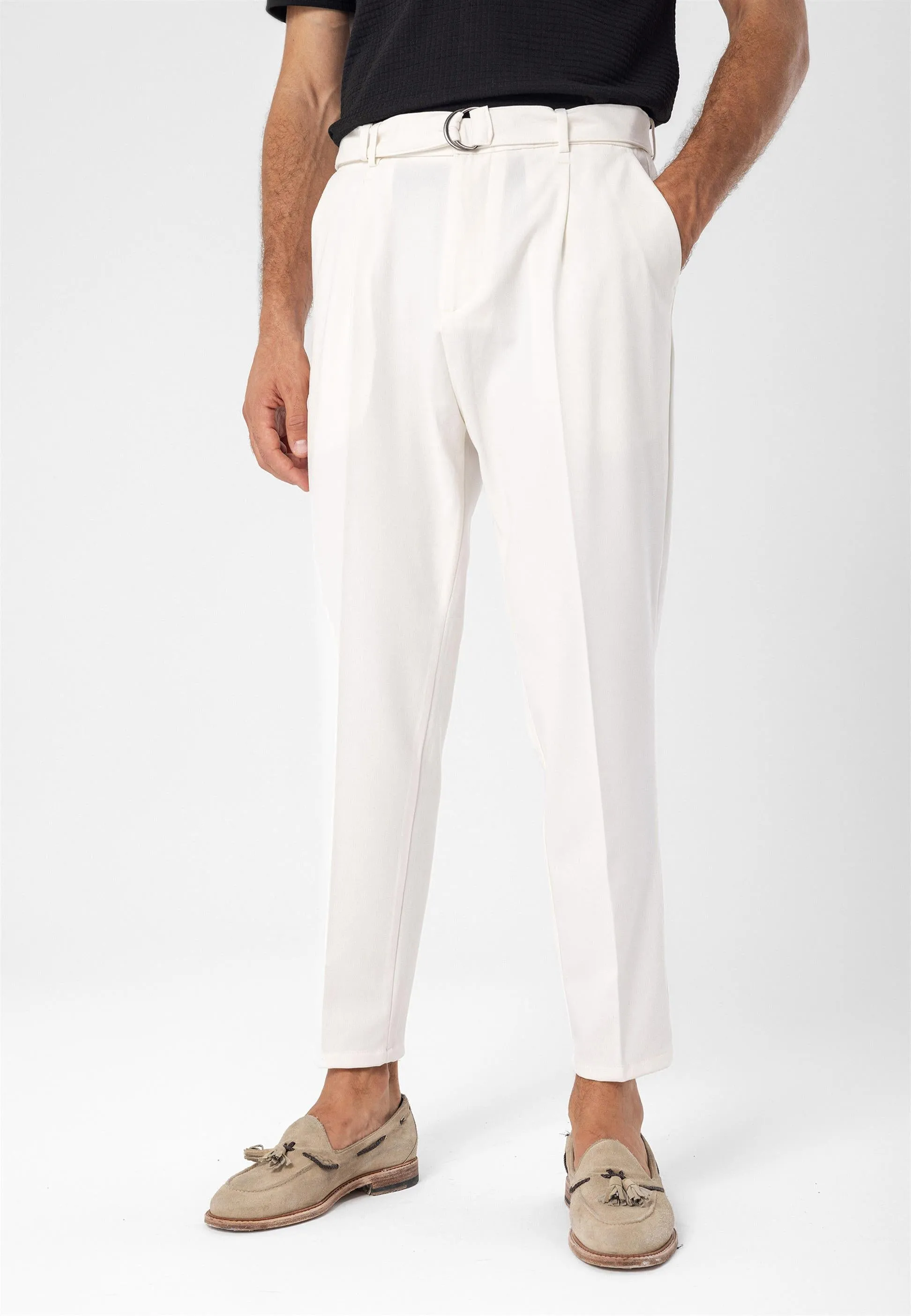 Men's Ecru High Waist Girdle Closure  Trousers - Wessi