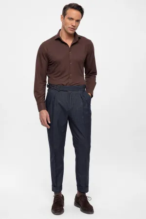 Men's Indigo Wool Look High Waist Pleated  Trousers - Wessi