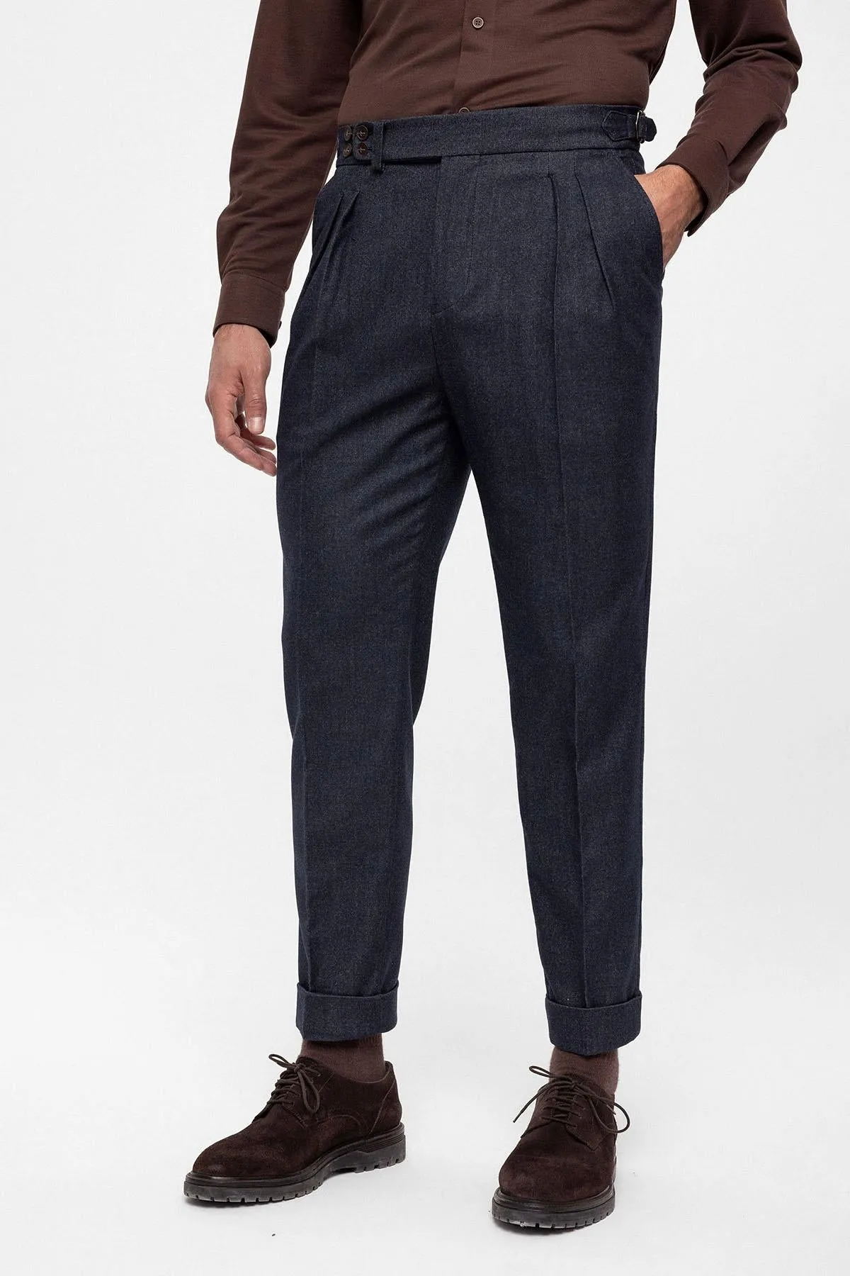 Men's Indigo Wool Look High Waist Pleated  Trousers - Wessi