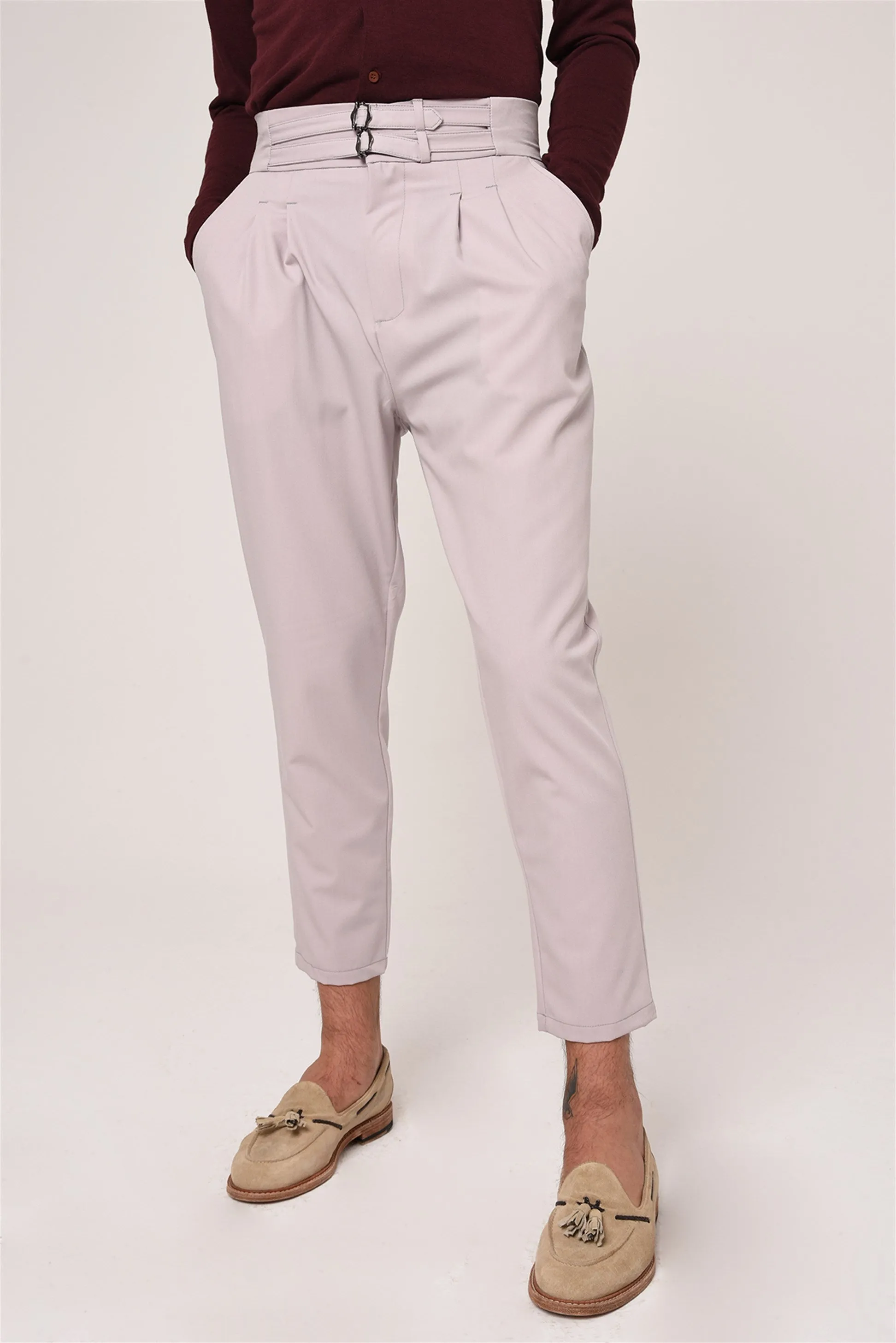 Men's Light Grey High Waist Buckle Belt Pleated Fabric Trousers - Wessi