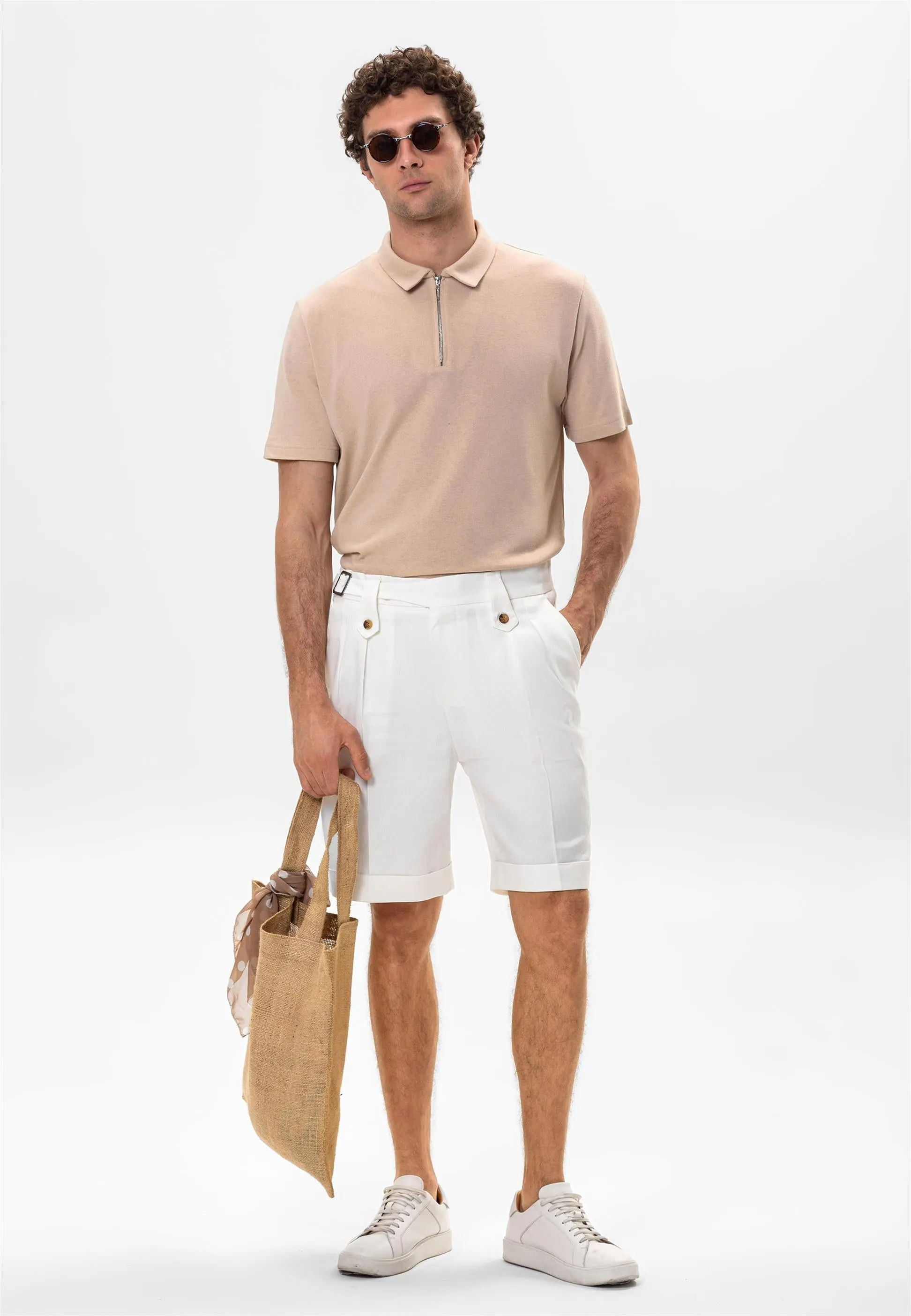 Men's White Buckle Detailed Pleated  Shorts - Wessi