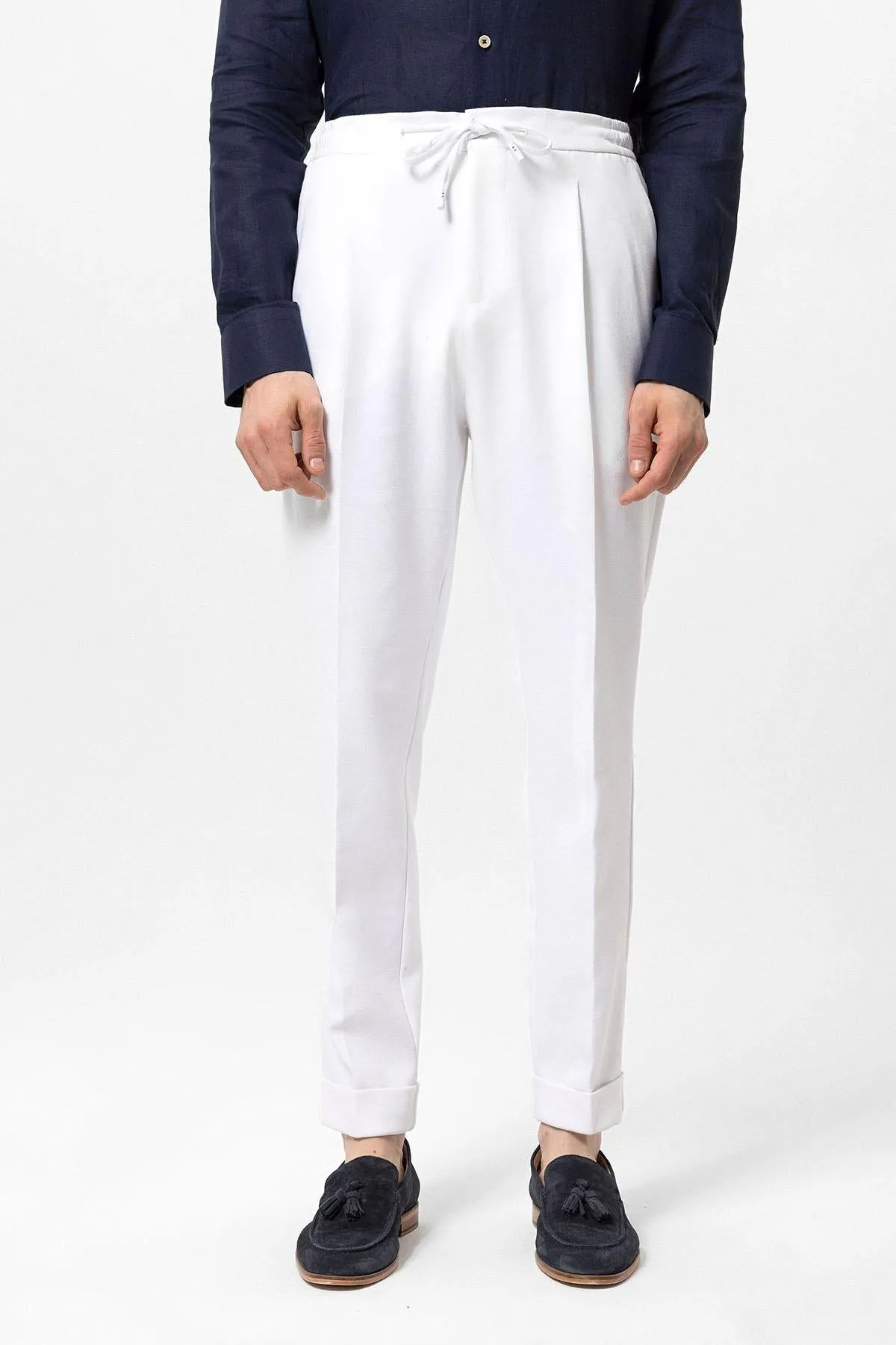 Men's White Elastic Waist Pleated  Trousers - Wessi