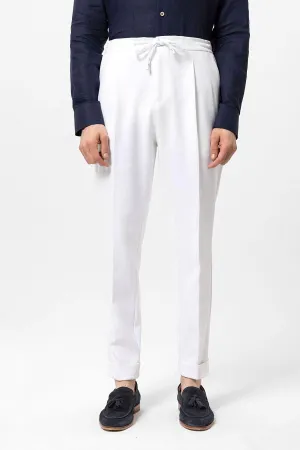Men's White Elastic Waist Pleated  Trousers - Wessi