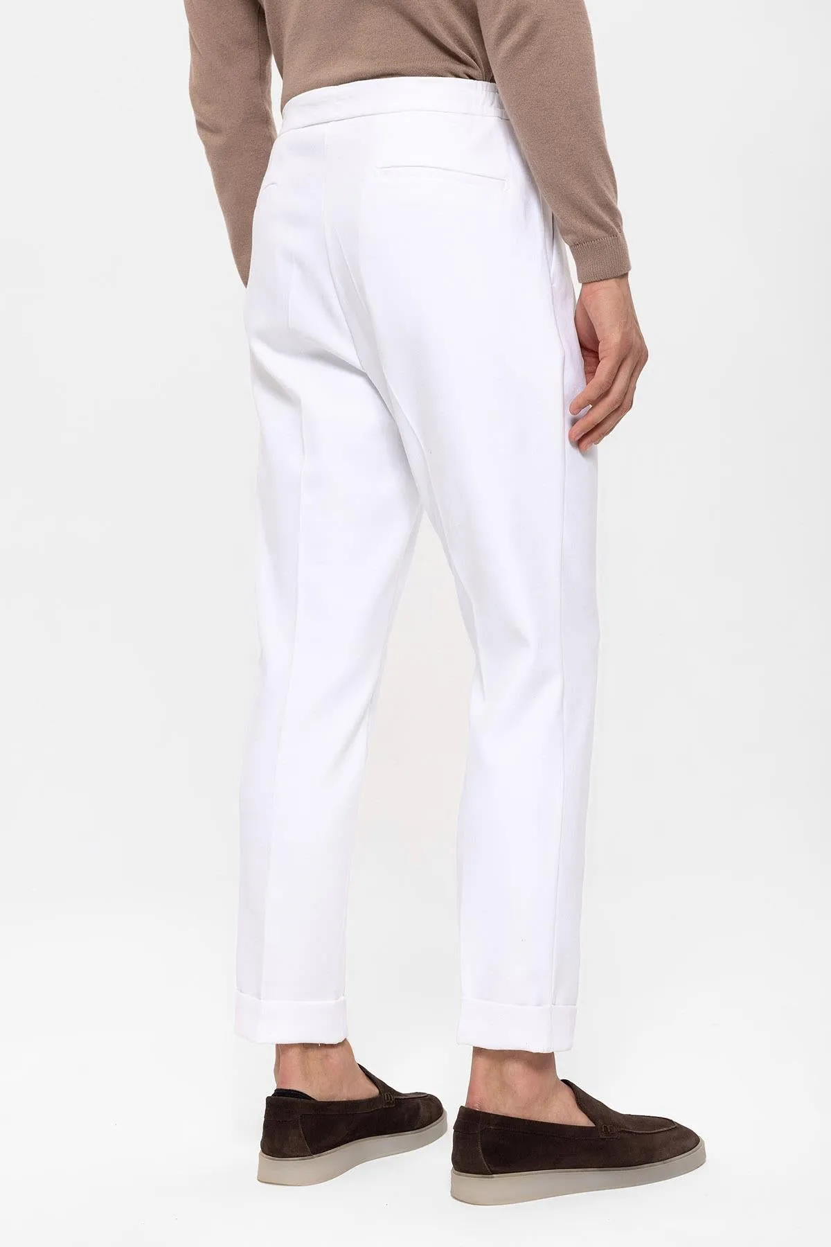 Men's White Elastic Waist Pleated  Trousers - Wessi