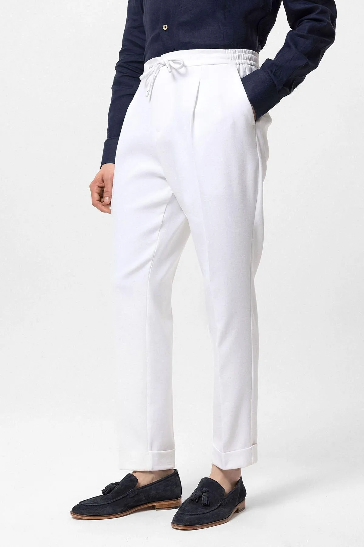 Men's White Elastic Waist Pleated  Trousers - Wessi