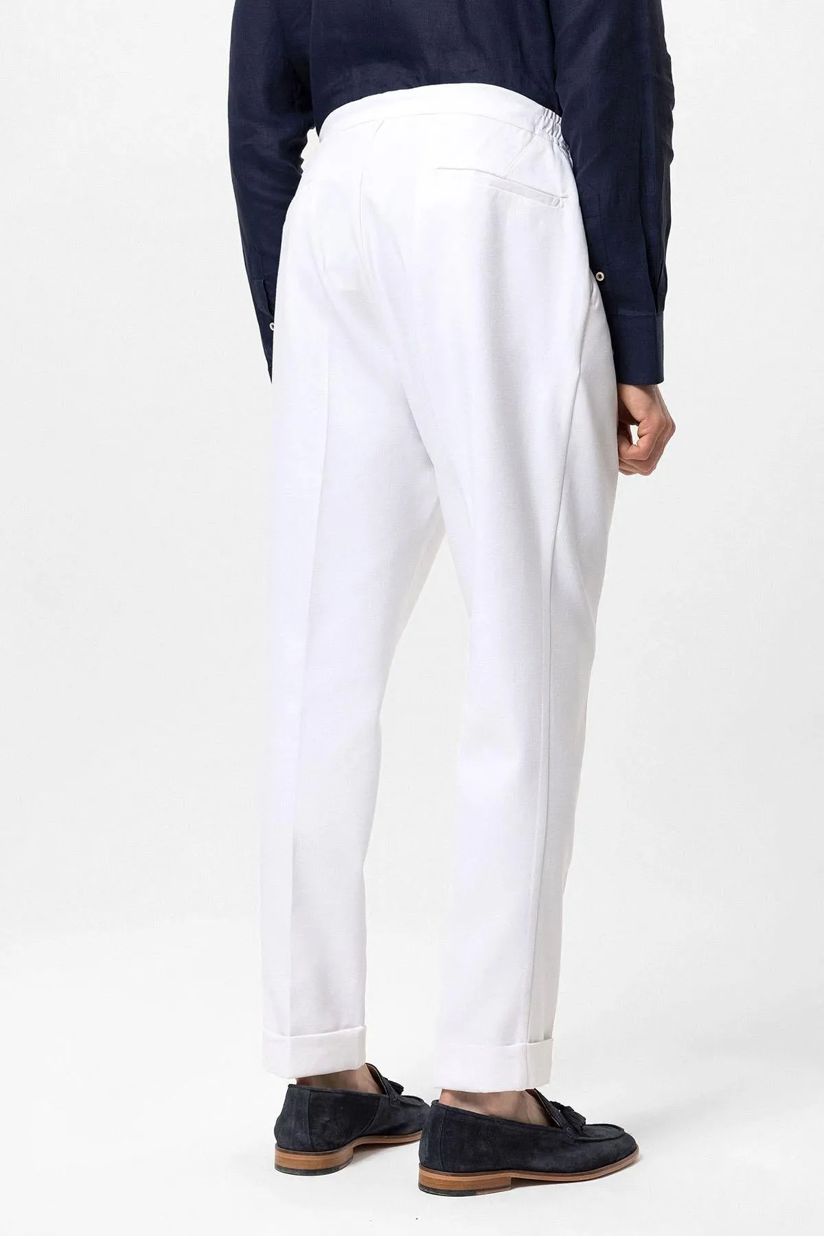Men's White Elastic Waist Pleated  Trousers - Wessi