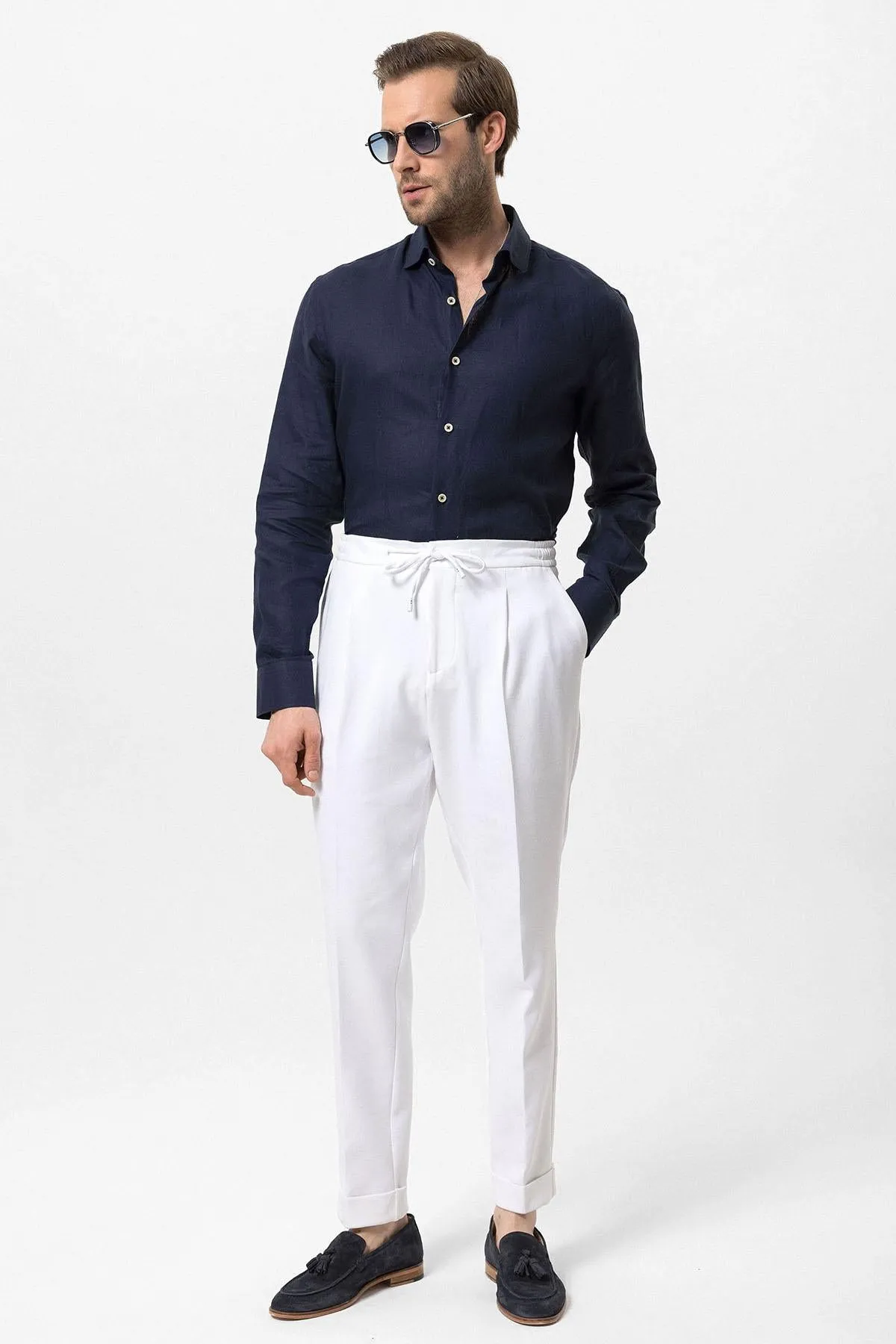 Men's White Elastic Waist Pleated  Trousers - Wessi