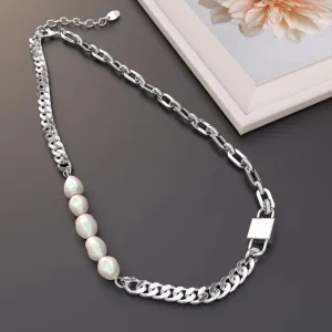 Paperclip Cuban Chain Link Pearl Necklace in White Gold