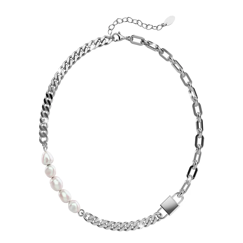 Paperclip Cuban Chain Link Pearl Necklace in White Gold