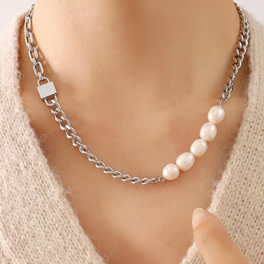 Paperclip Cuban Chain Link Pearl Necklace in White Gold