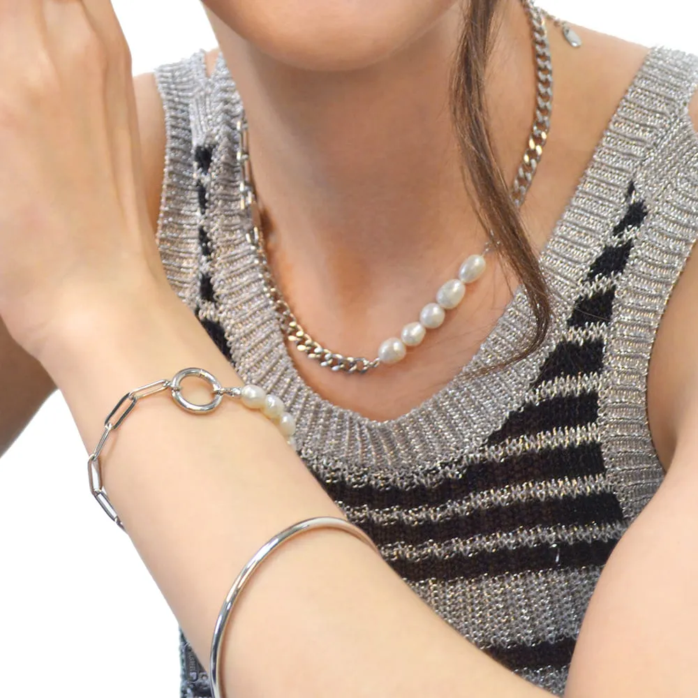 Paperclip Cuban Chain Link Pearl Necklace in White Gold