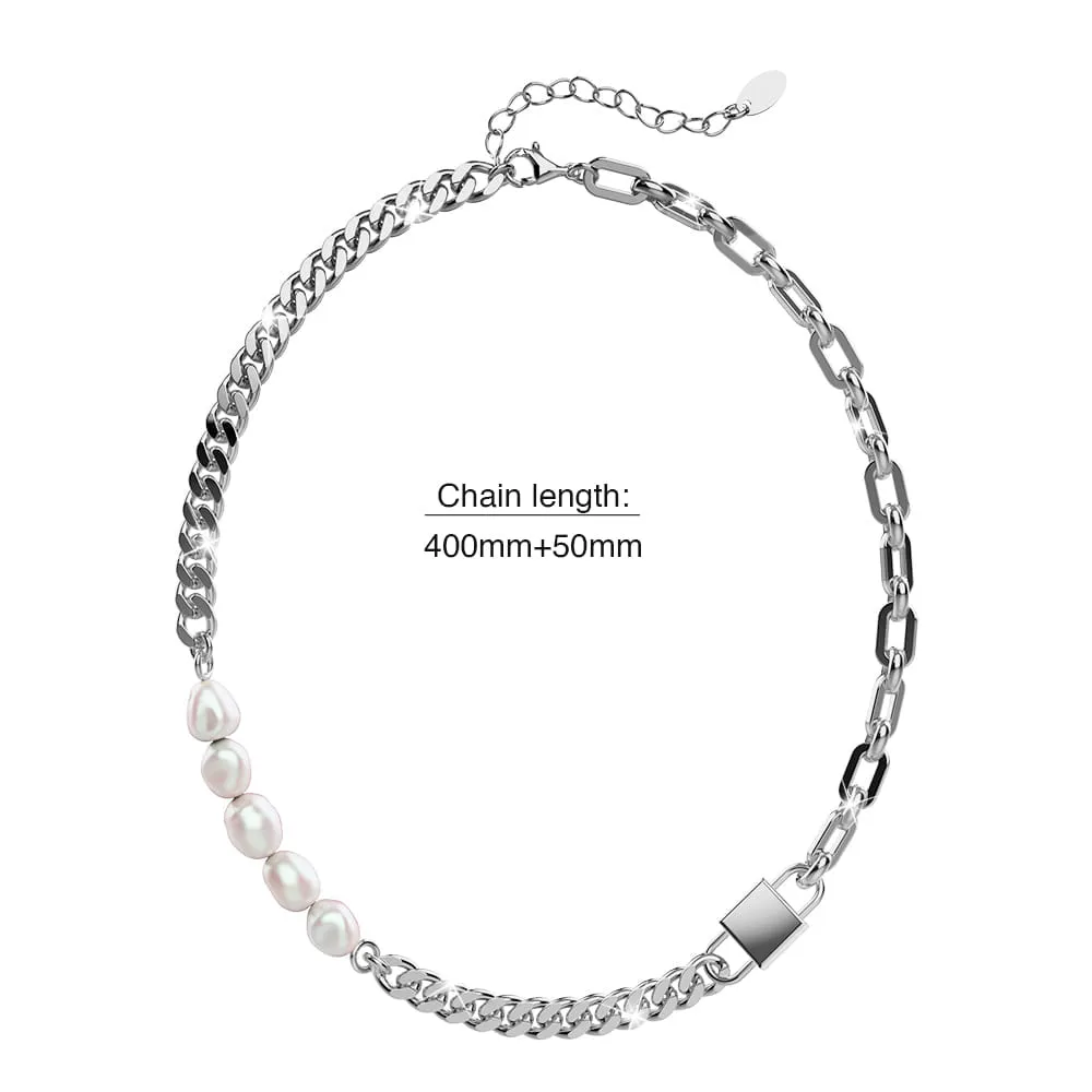 Paperclip Cuban Chain Link Pearl Necklace in White Gold