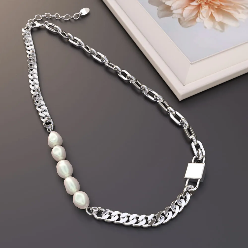 Paperclip Cuban Chain Link Pearl Necklace in White Gold