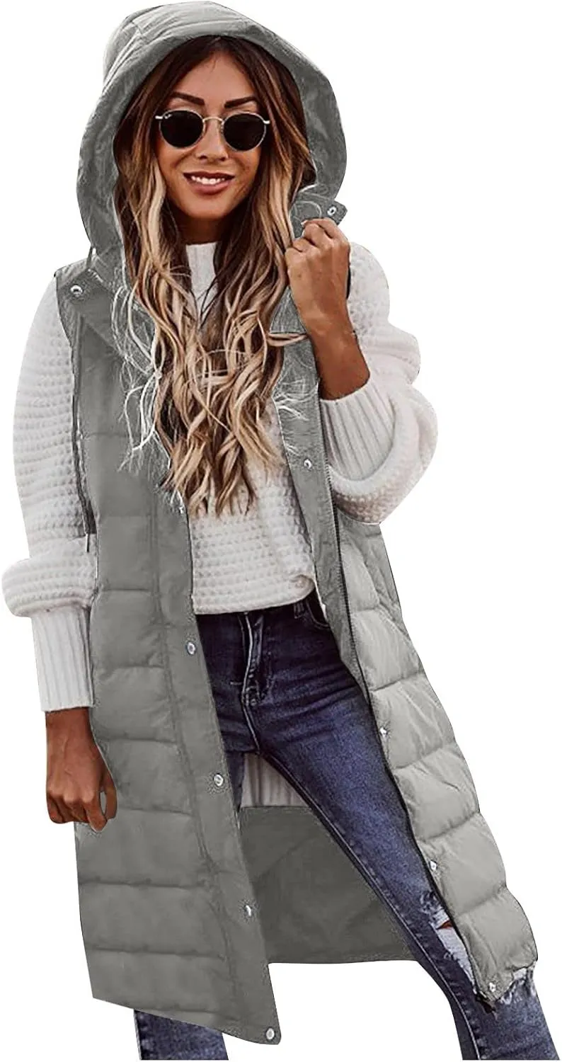 Puffer Vest Women Oversized Sleeveless Winter Coats Warm Zip Up Hoodie Casual Cotton Padded Jacket Long Outerwear