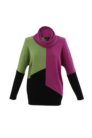 Purple/Green/Black Blocked Pattern Cowl Neck Jumper