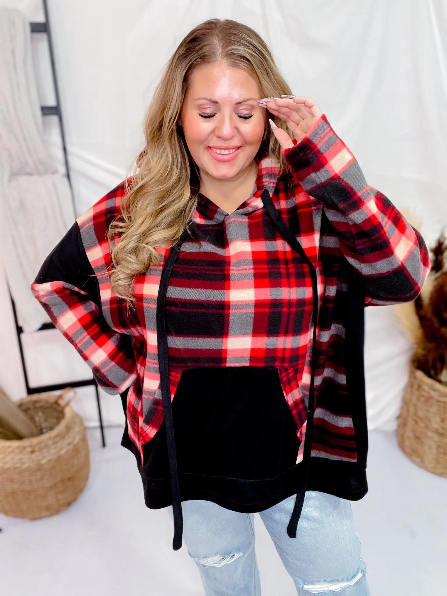 Red and Black Plaid Colorblock Hoodie FINAL SALE