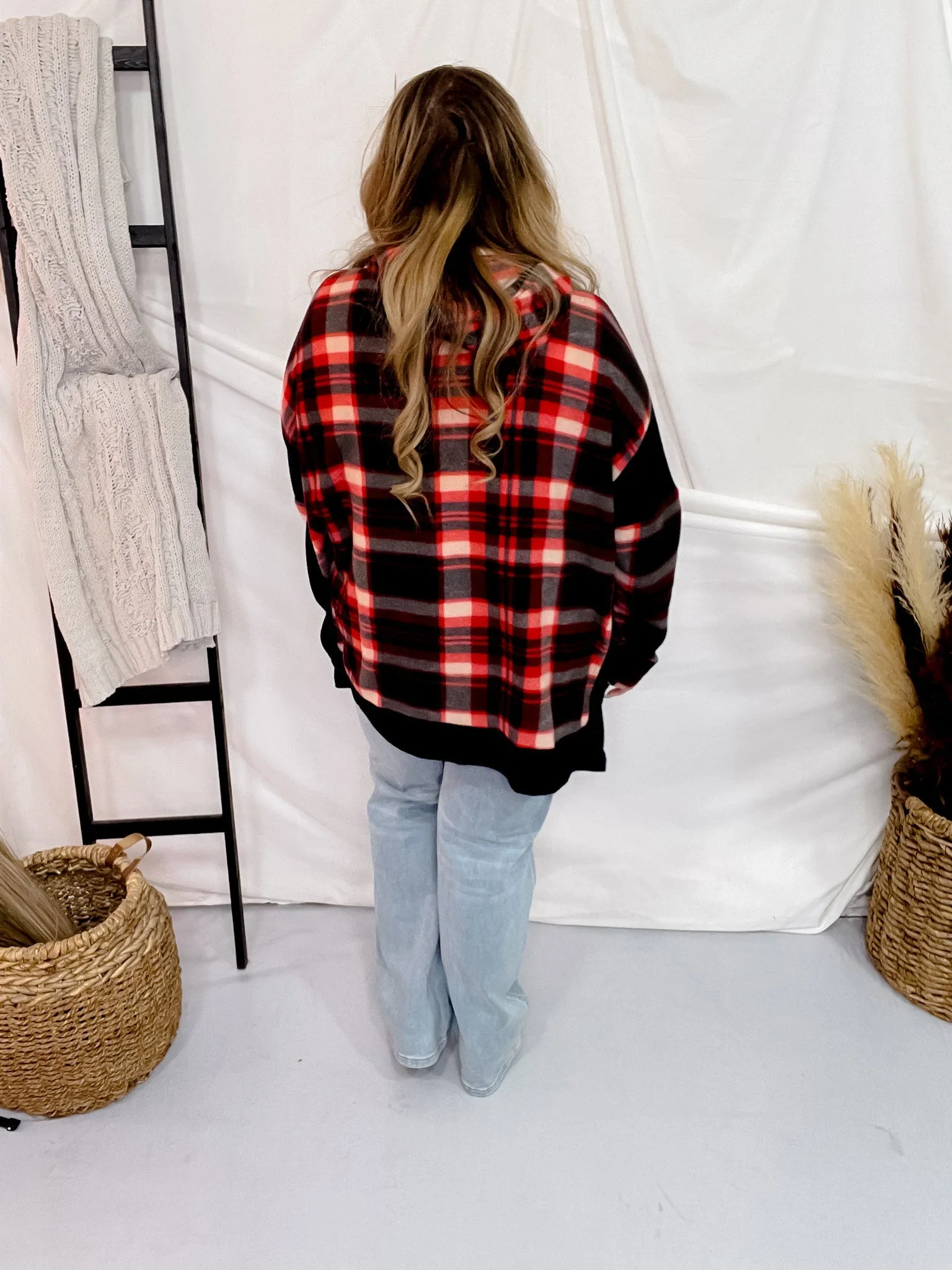 Red and Black Plaid Colorblock Hoodie FINAL SALE