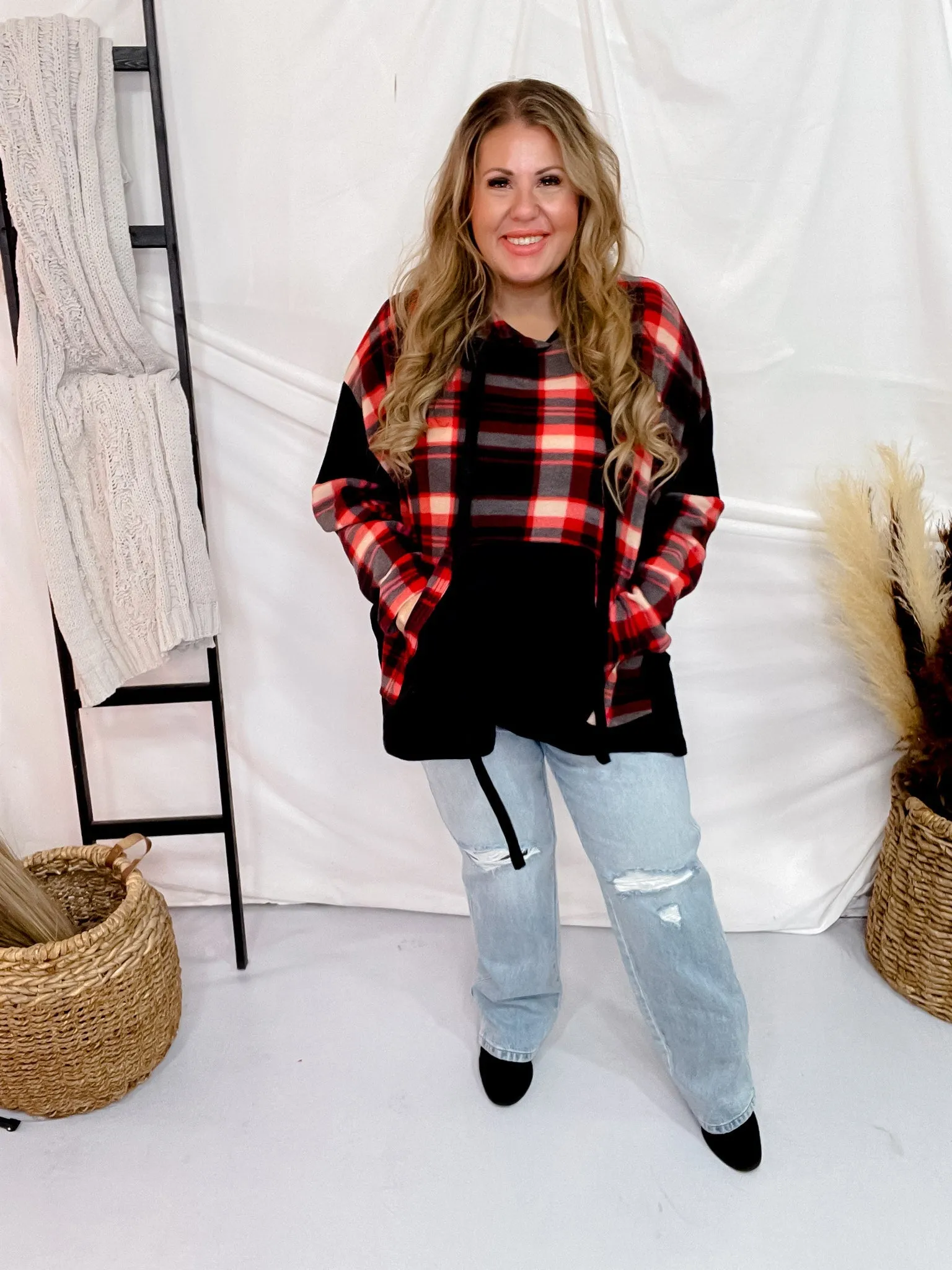 Red and Black Plaid Colorblock Hoodie FINAL SALE