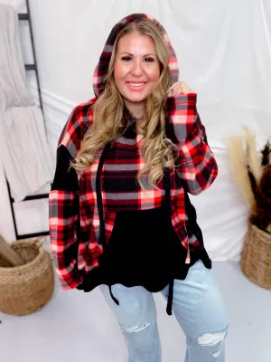 Red and Black Plaid Colorblock Hoodie FINAL SALE