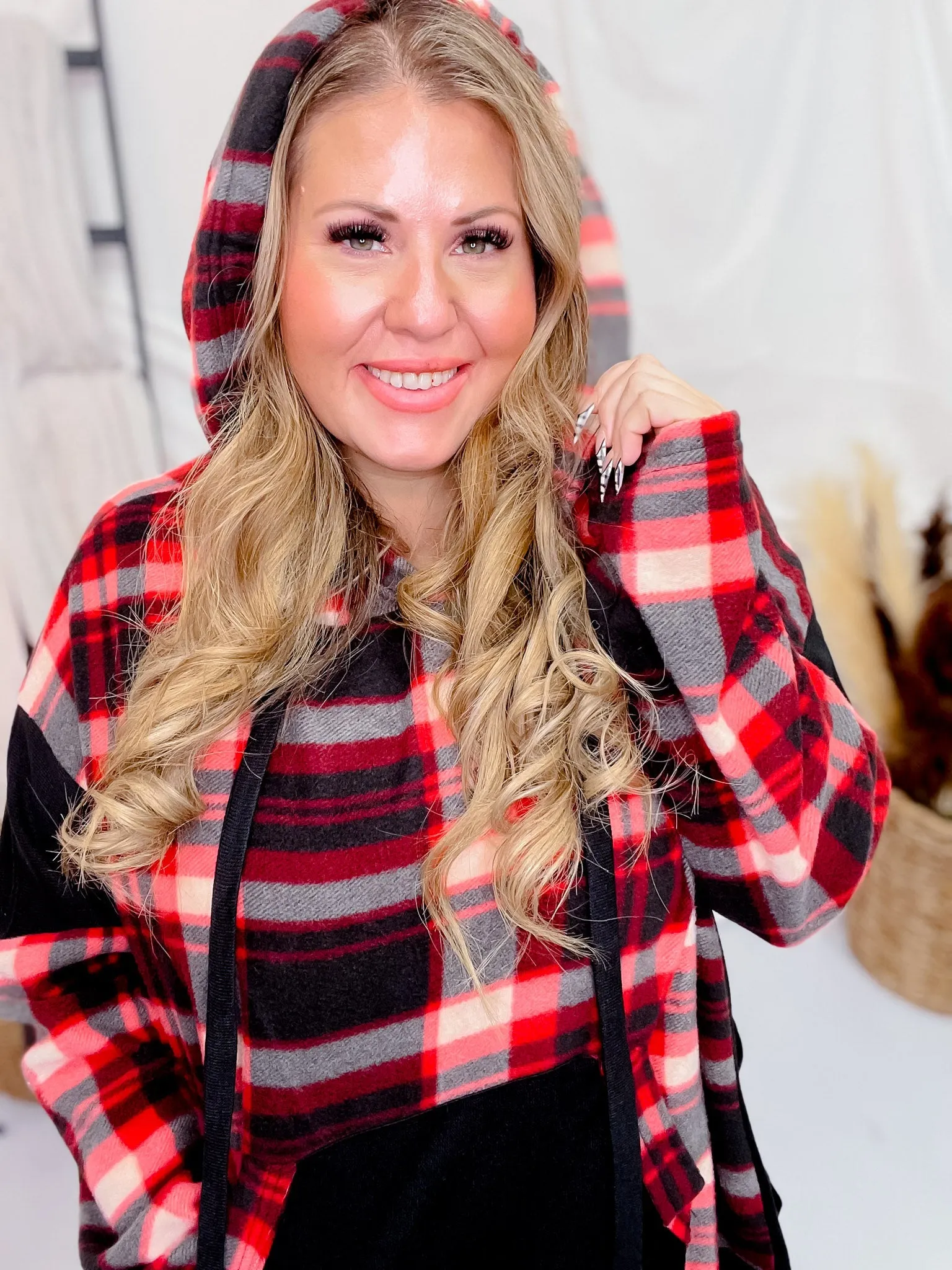 Red and Black Plaid Colorblock Hoodie FINAL SALE