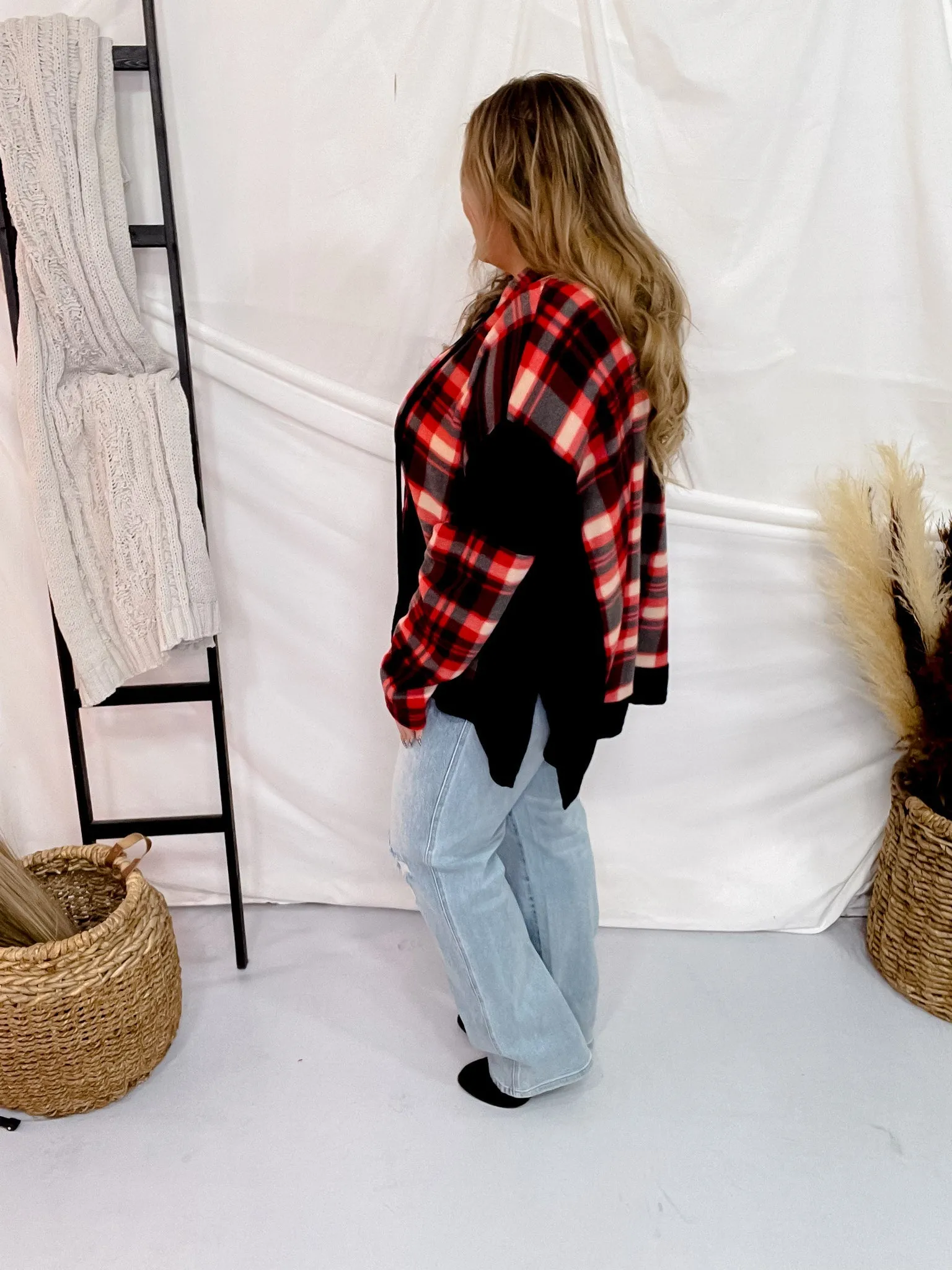 Red and Black Plaid Colorblock Hoodie FINAL SALE