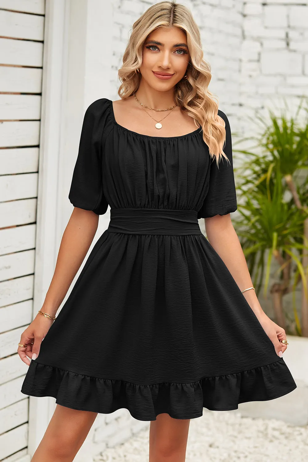 Ruched Ruffle Hem Short Sleeve Back-tie Backless Dress
