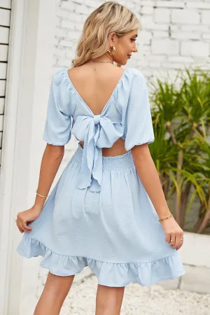 Ruched Ruffle Hem Short Sleeve Back-tie Backless Dress