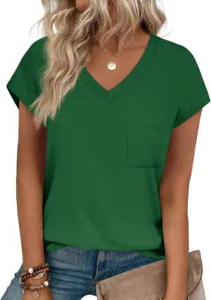 SAMPEEL Womens T Shirts V Neck Cap Short Sleeve Summer Tops Trendy 2025 Loose Casual Tshirts with Pocket