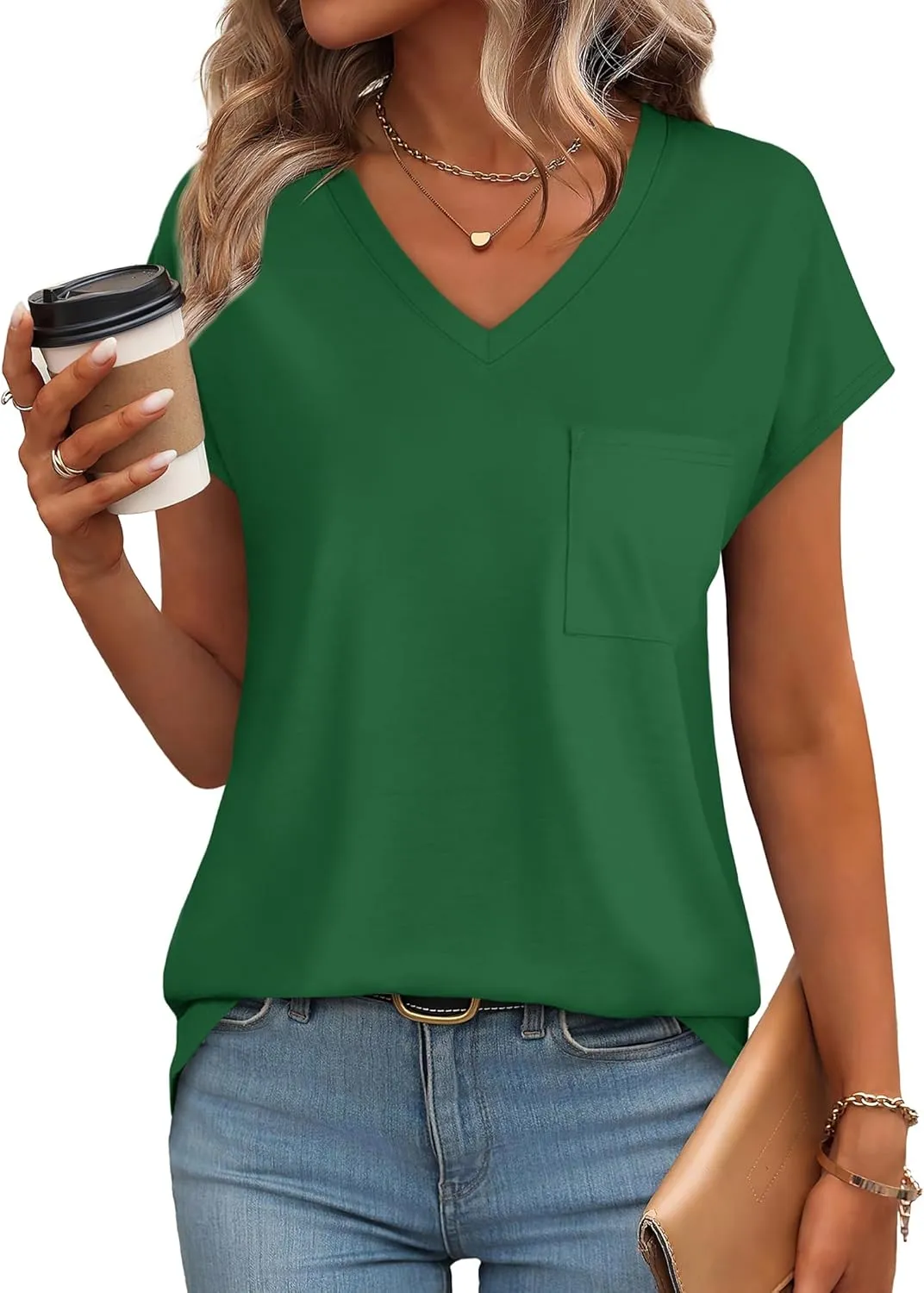 SAMPEEL Womens T Shirts V Neck Cap Short Sleeve Summer Tops Trendy 2025 Loose Casual Tshirts with Pocket
