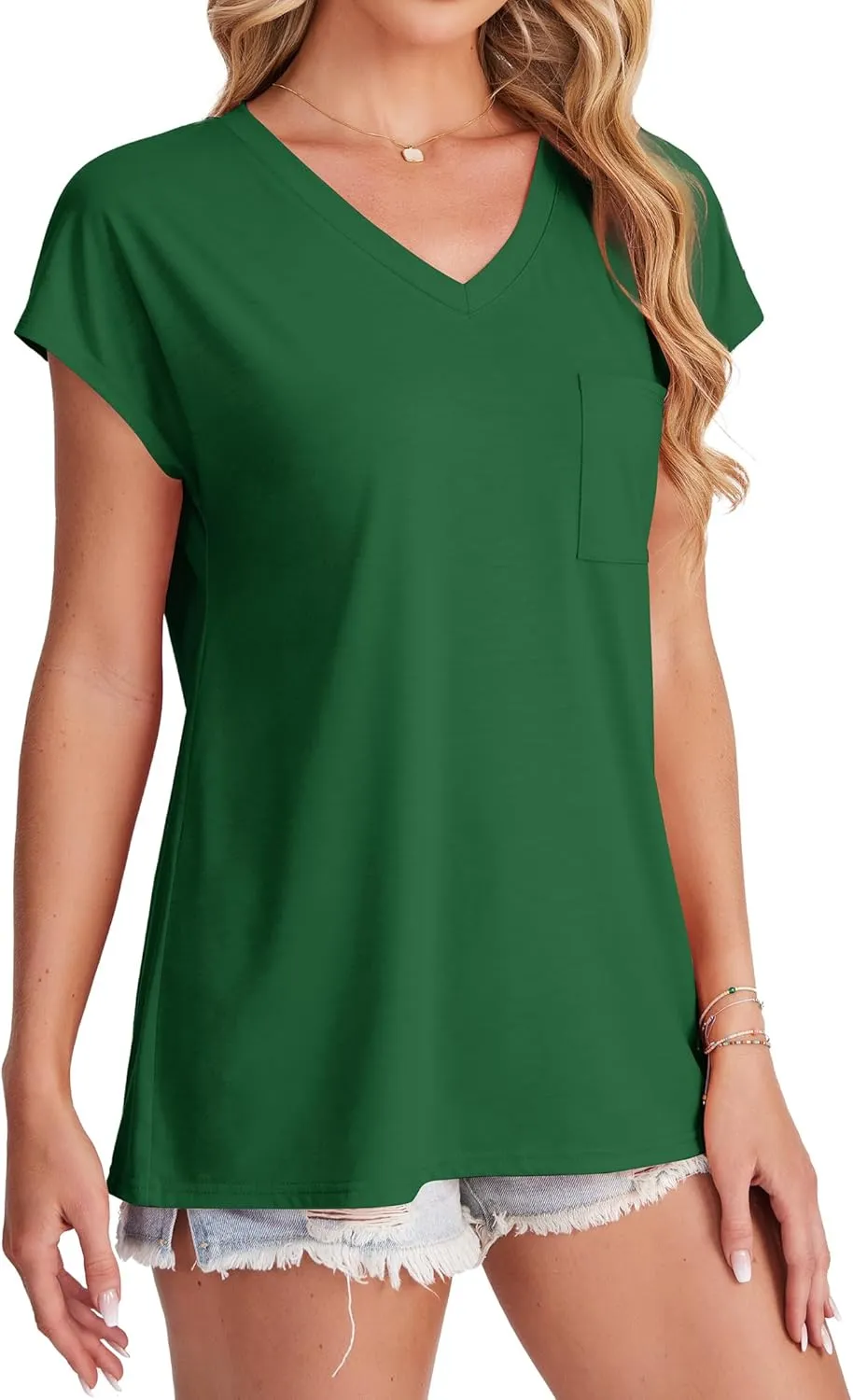 SAMPEEL Womens T Shirts V Neck Cap Short Sleeve Summer Tops Trendy 2025 Loose Casual Tshirts with Pocket