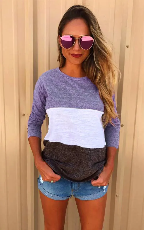Scoop Loose Patchwork Long Sleeves Regular T-shirt